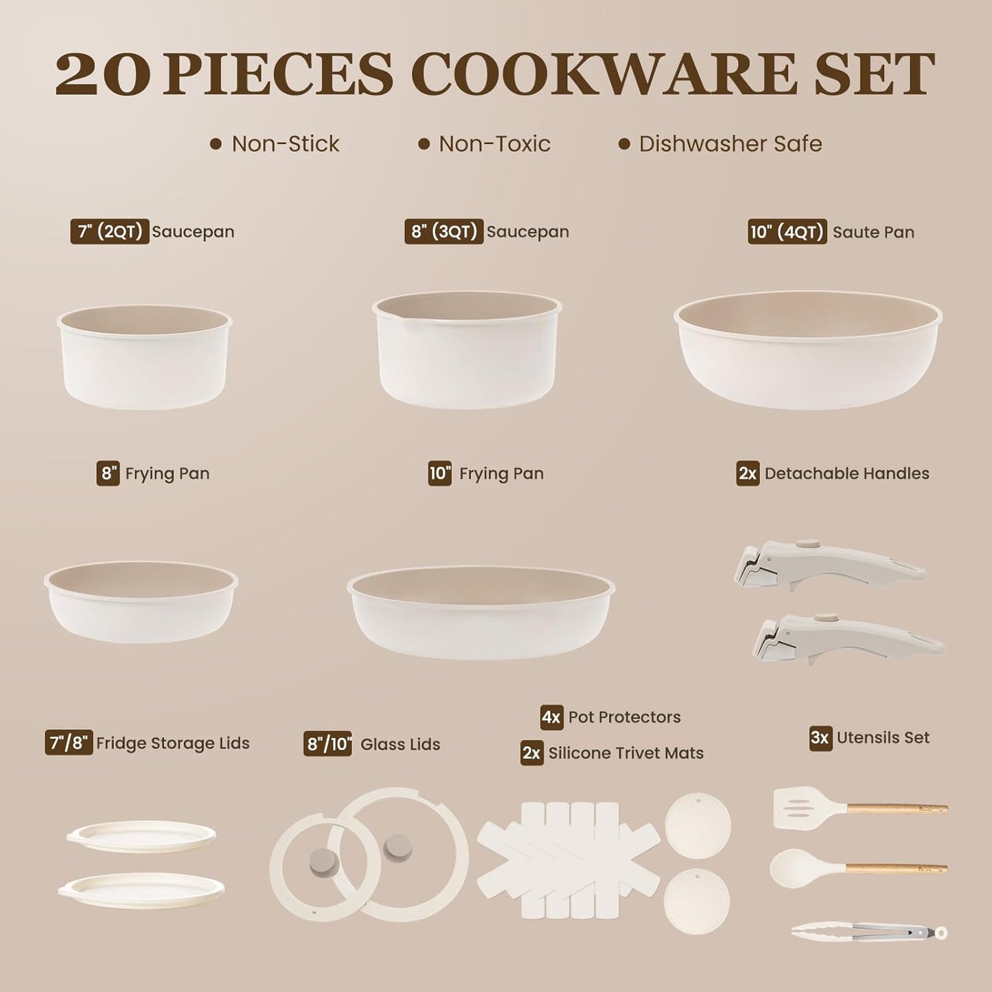 KIKCOIN 20pcs Nonstick Cookware Set with Detachable Handles