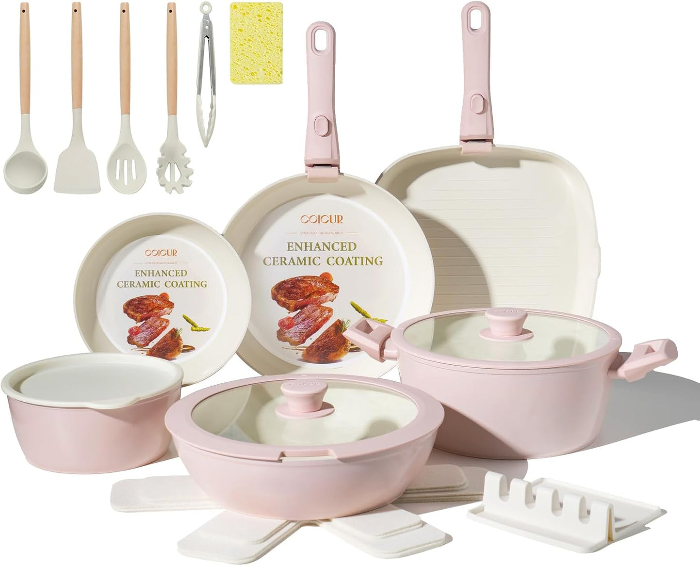 23Pcs Nonstick Ceramic Cookware Set with Detachable Handle