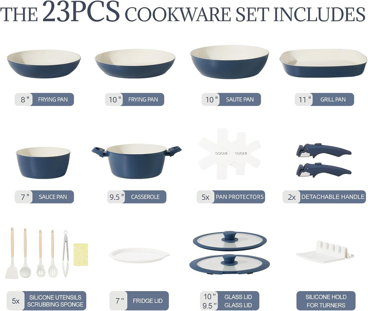 23Pcs Nonstick Ceramic Cookware Set with Detachable Handle