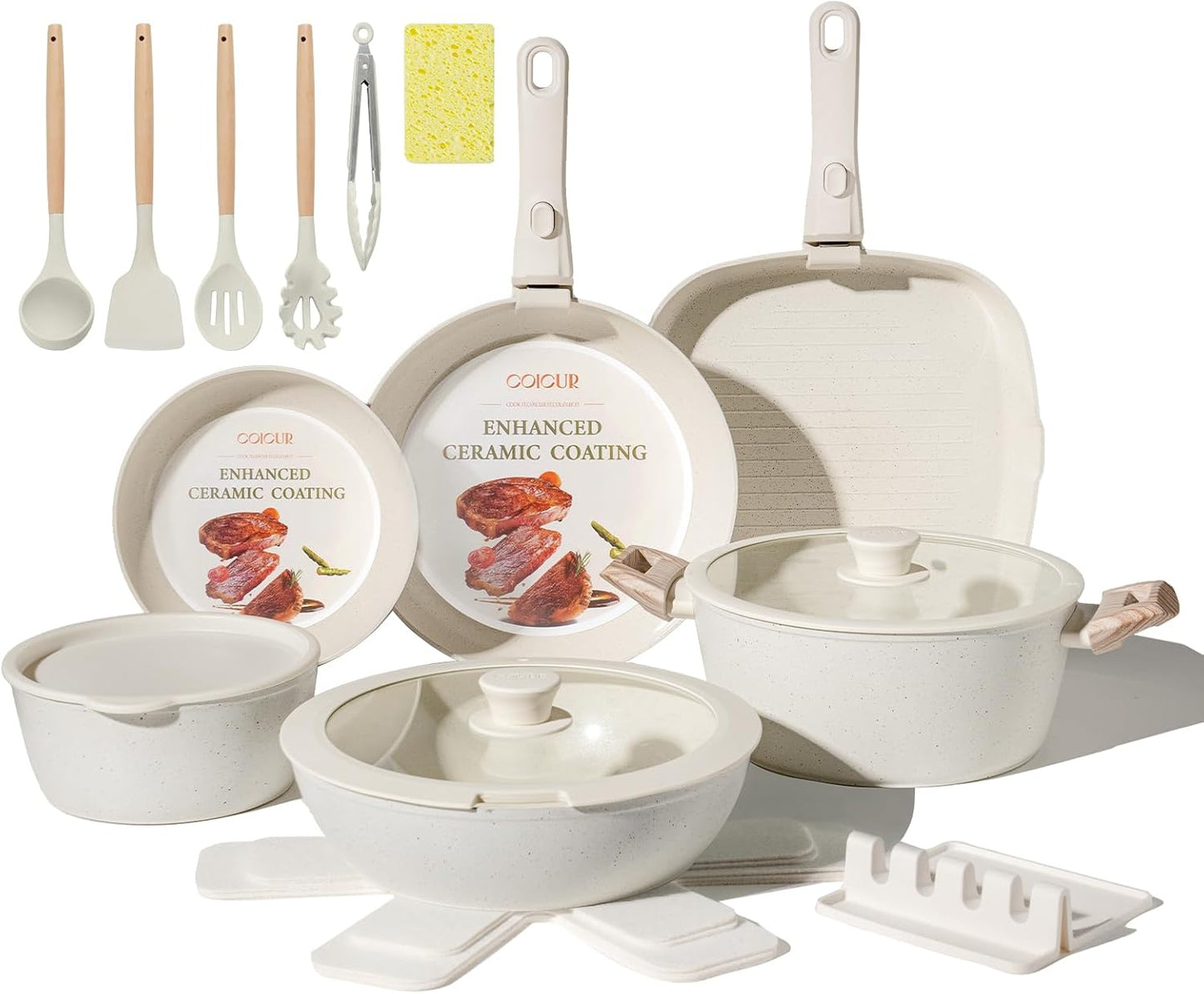 23Pcs Nonstick Ceramic Cookware Set with Detachable Handle