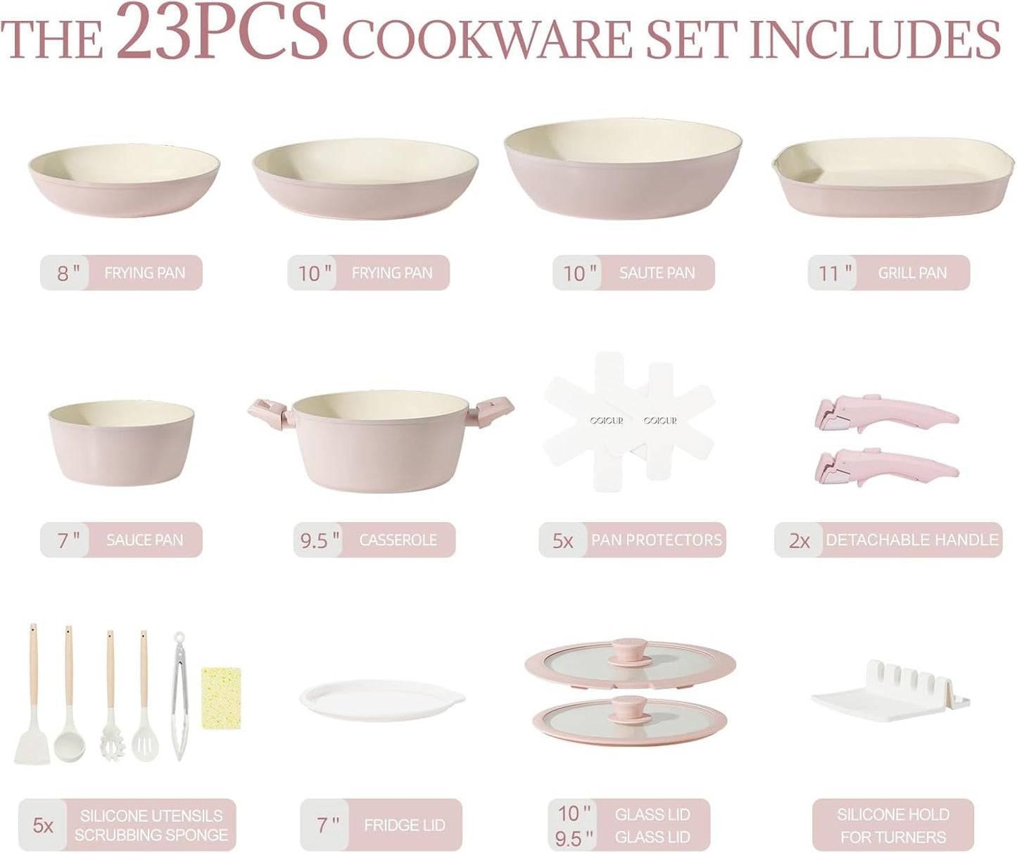 23Pcs Nonstick Ceramic Cookware Set with Detachable Handle