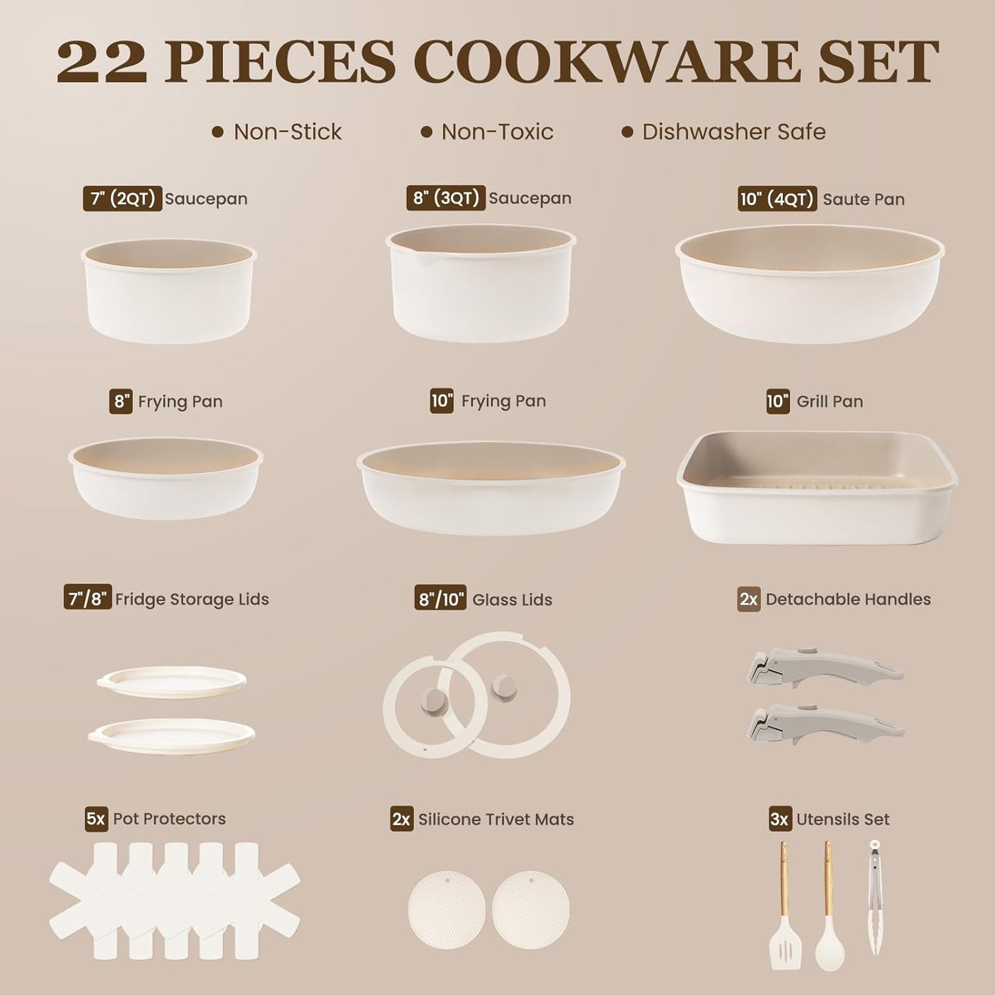 KIKCOIN 20pcs Nonstick Cookware Set with Detachable Handles