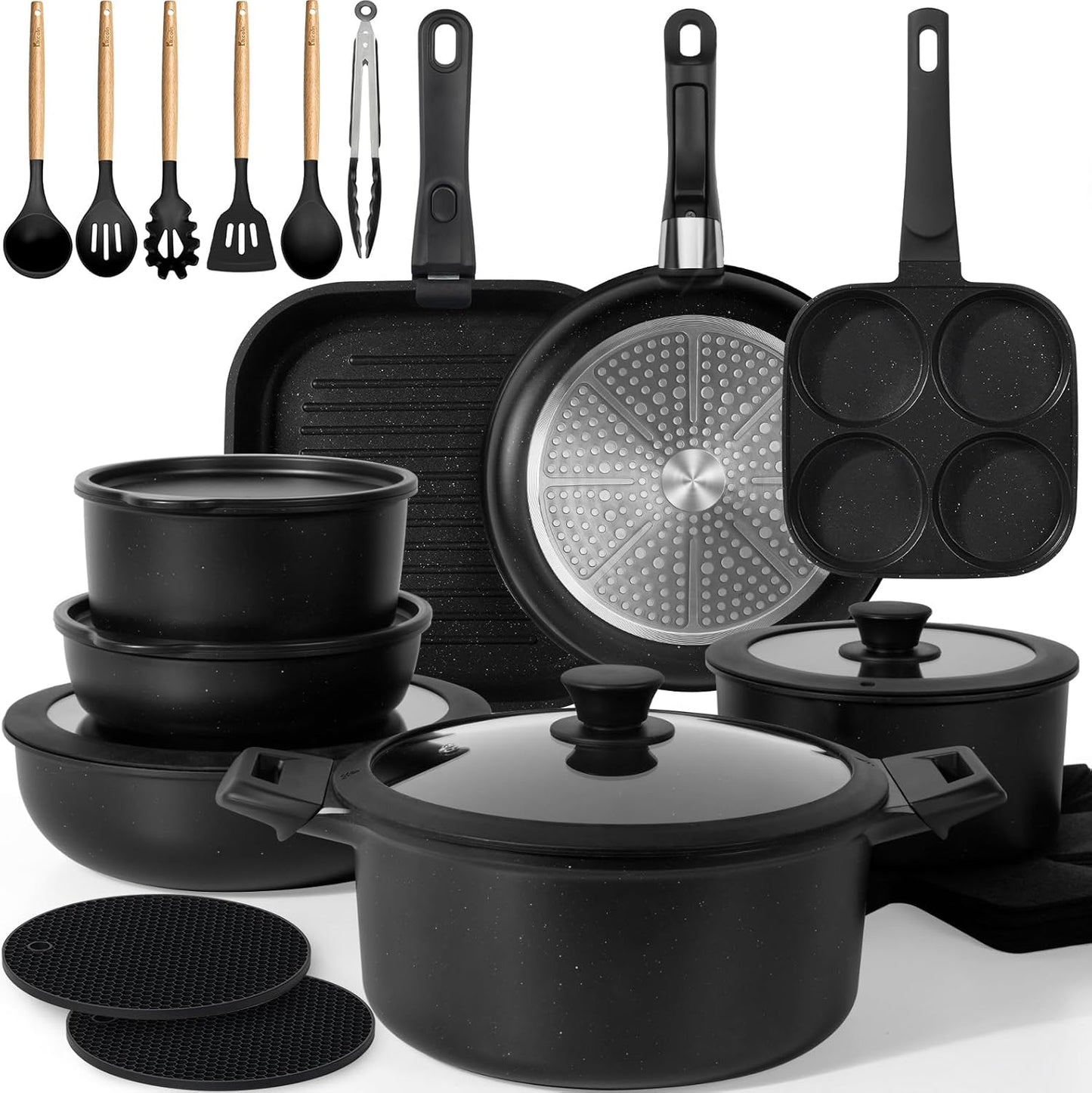 KIKCOIN 20pcs Nonstick Cookware Set with Detachable Handles