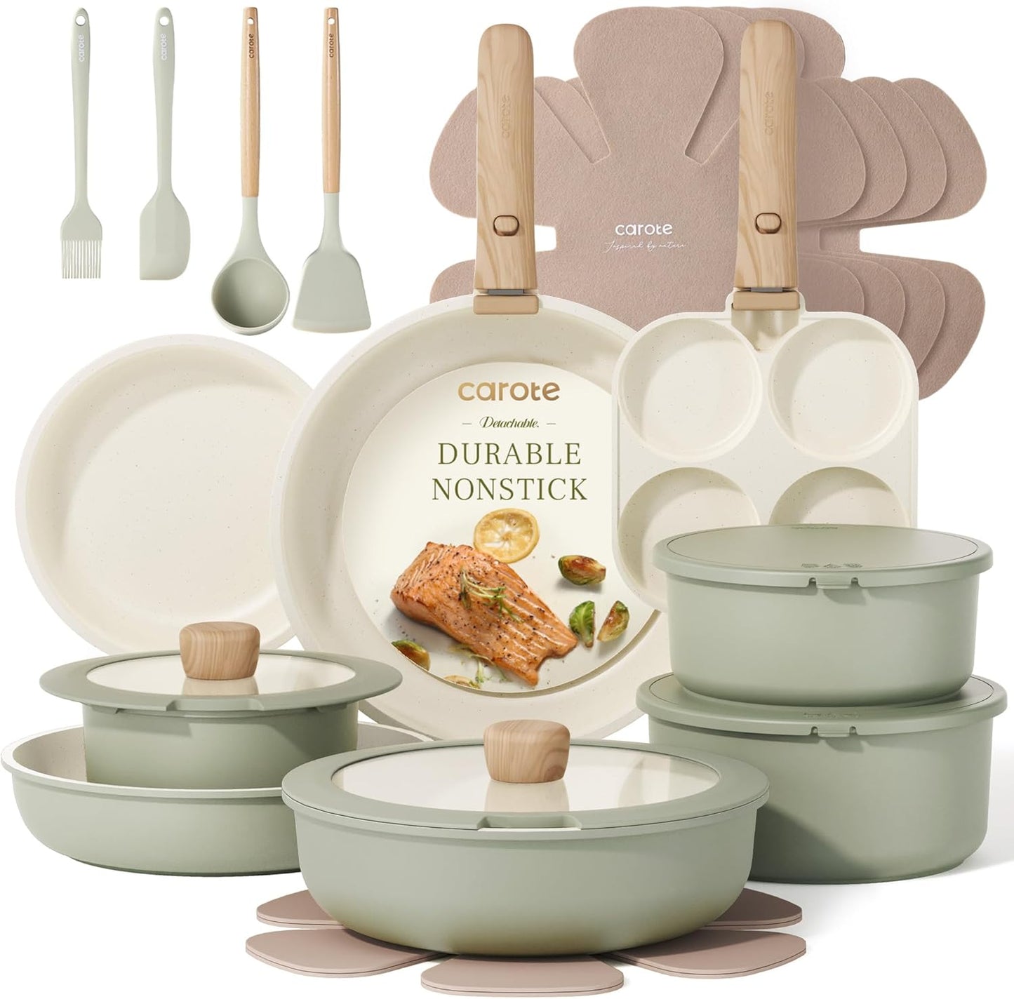 CAROTE 25pcs Nonstick Cookware Set with Detachable Handle