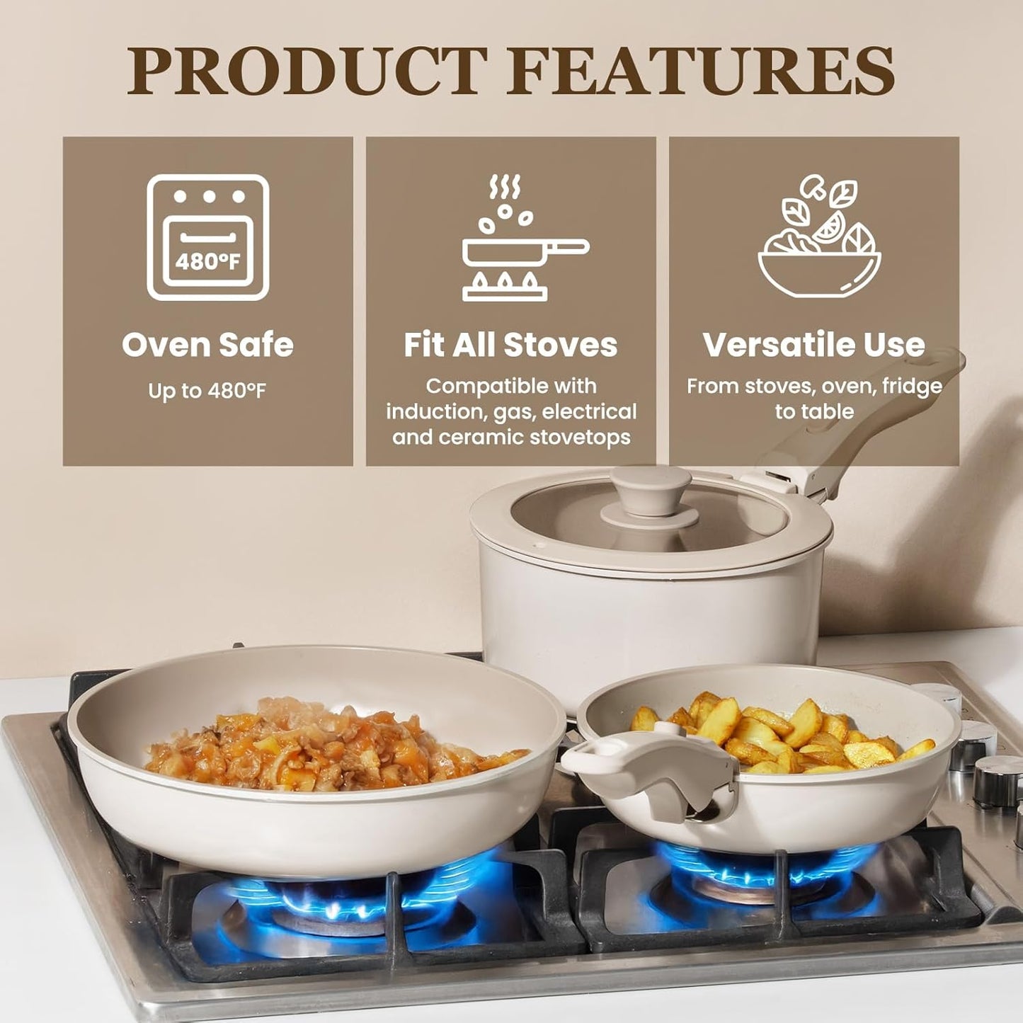 KIKCOIN 20pcs Nonstick Cookware Set with Detachable Handles