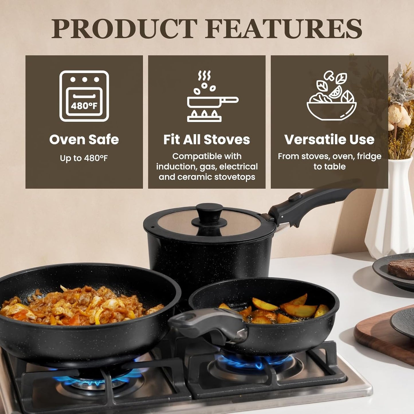KIKCOIN 20pcs Nonstick Cookware Set with Detachable Handles
