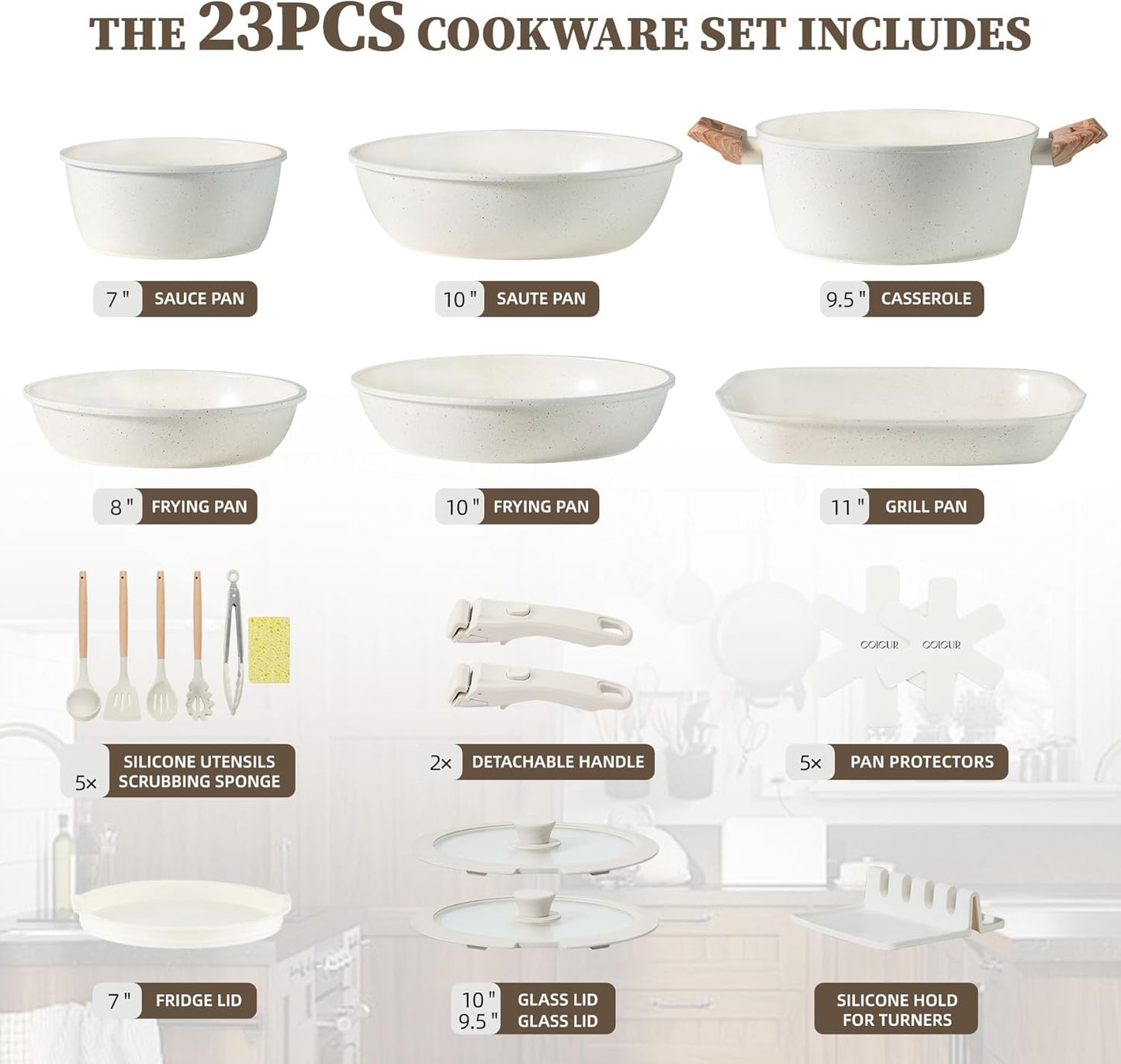 23Pcs Nonstick Ceramic Cookware Set with Detachable Handle