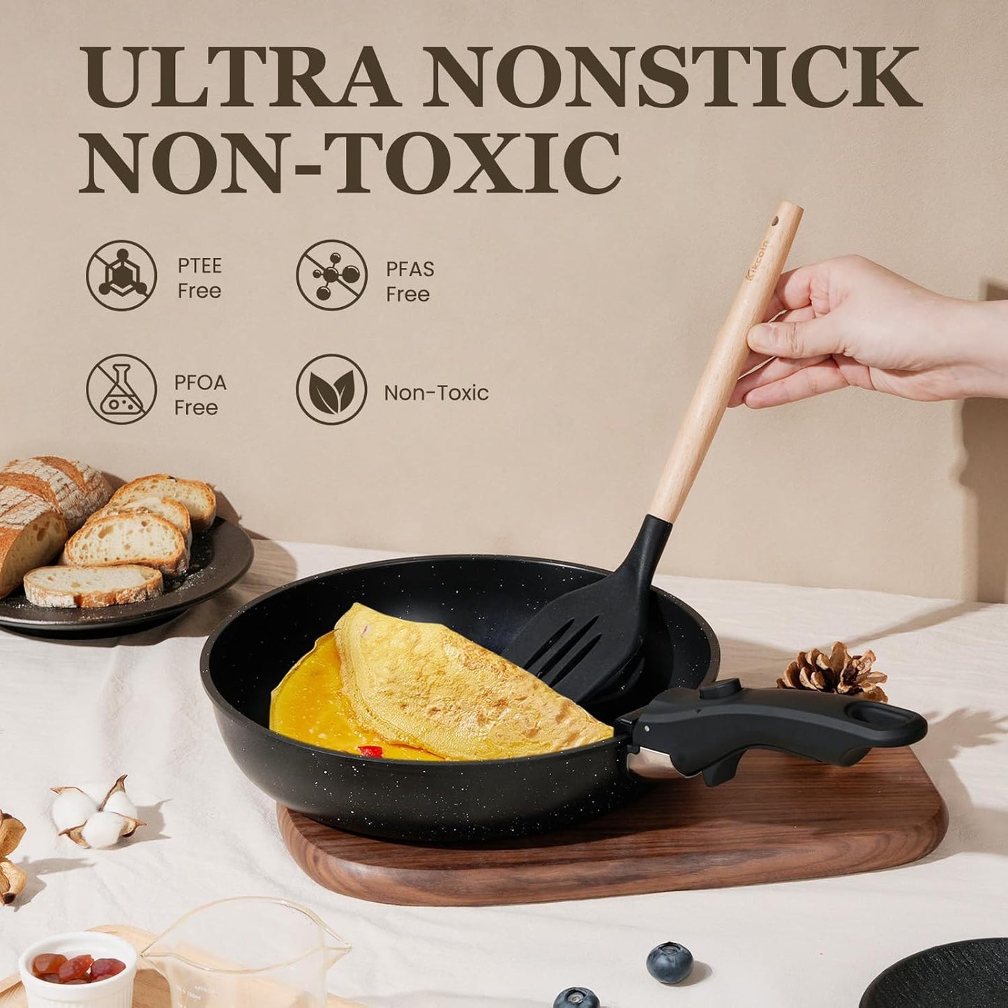 KIKCOIN 20pcs Nonstick Cookware Set with Detachable Handles