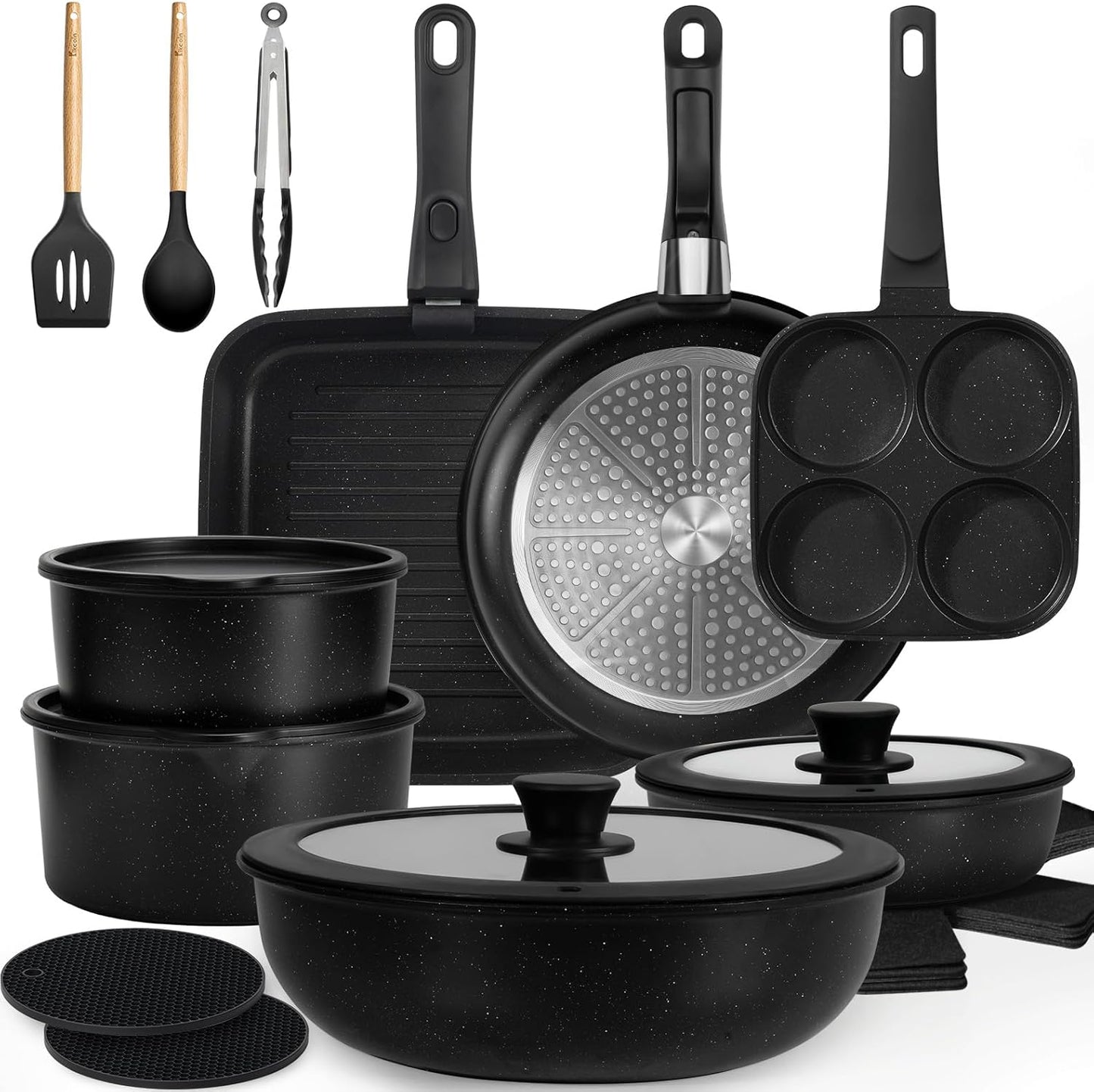 KIKCOIN 20pcs Nonstick Cookware Set with Detachable Handles