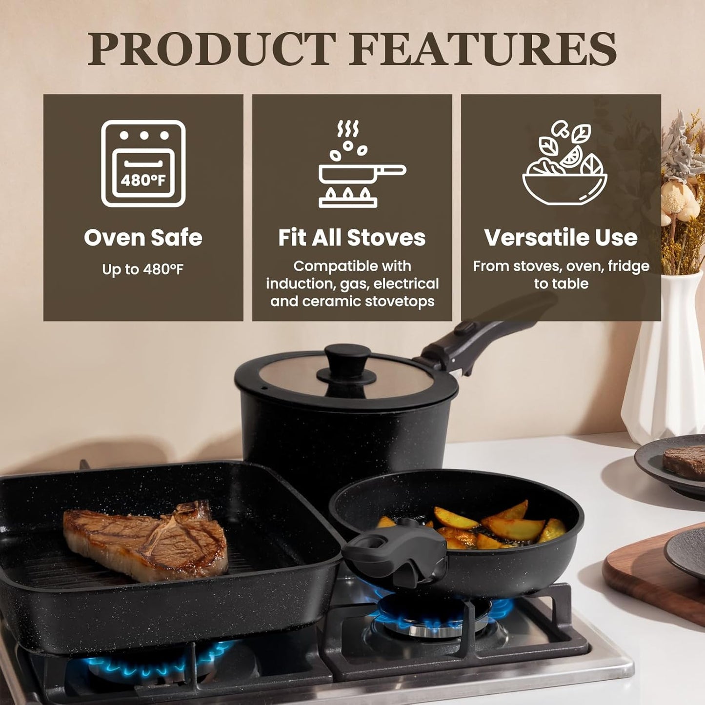 KIKCOIN 20pcs Nonstick Cookware Set with Detachable Handles