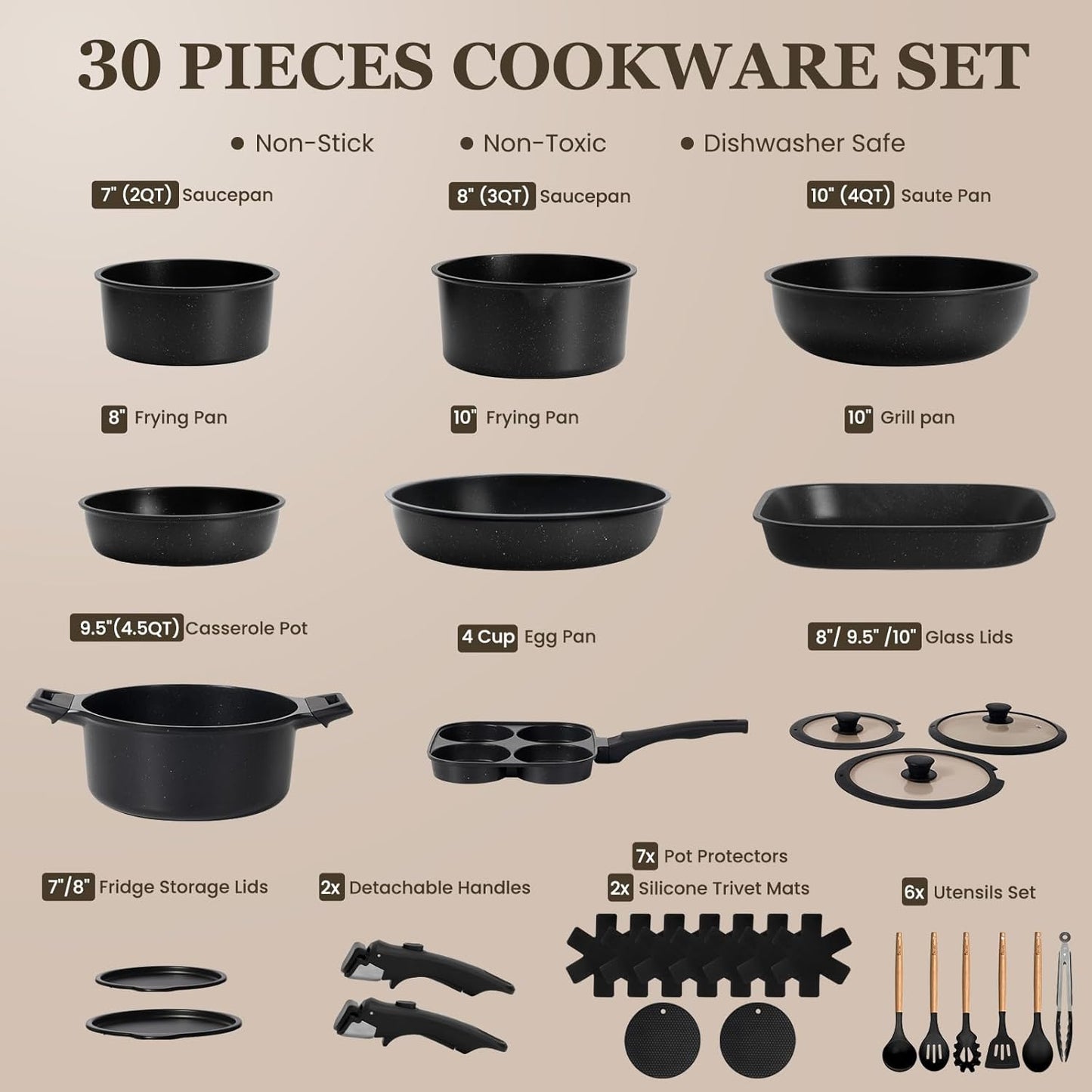 KIKCOIN 20pcs Nonstick Cookware Set with Detachable Handles