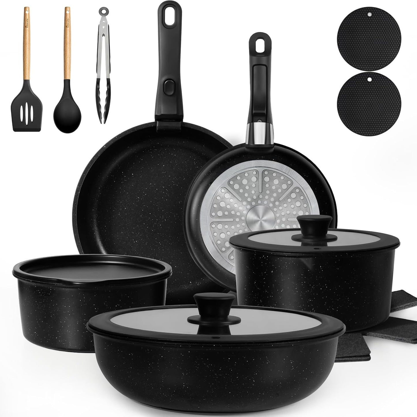 KIKCOIN 20pcs Nonstick Cookware Set with Detachable Handles