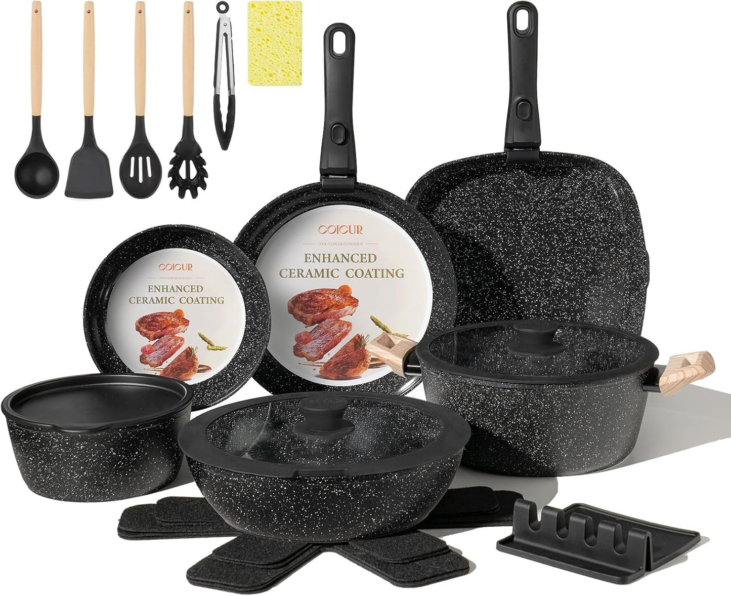 23Pcs Nonstick Ceramic Cookware Set with Detachable Handle