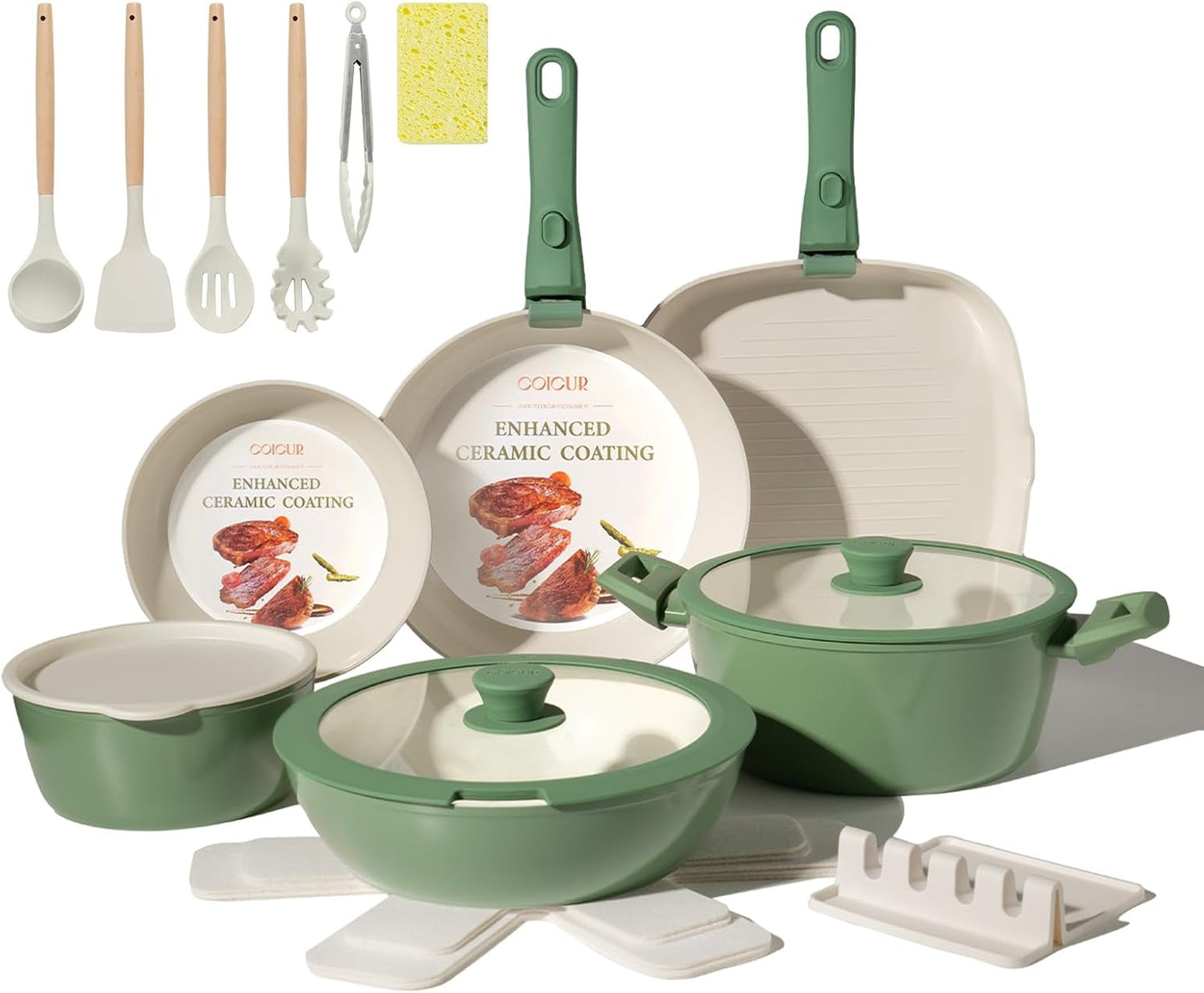 23Pcs Nonstick Ceramic Cookware Set with Detachable Handle