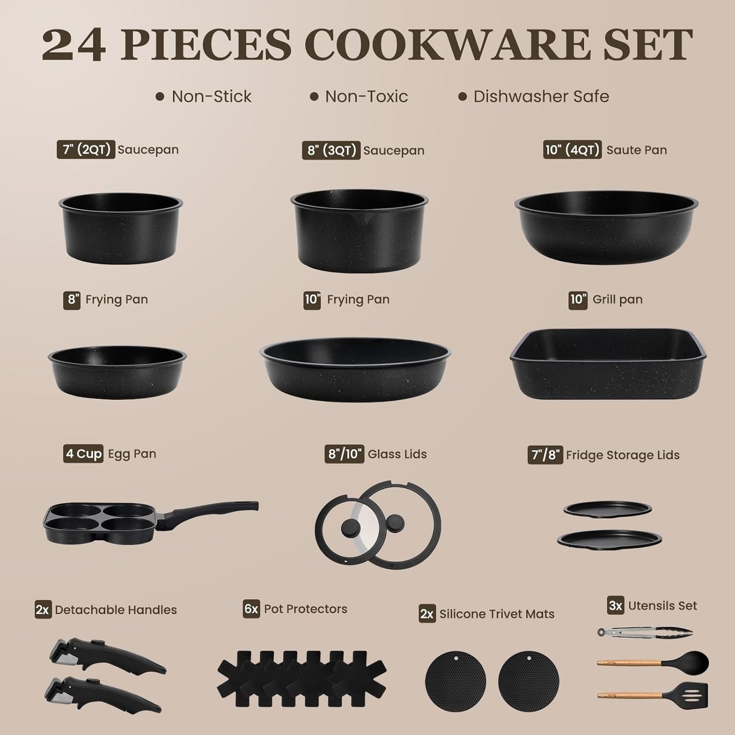 KIKCOIN 20pcs Nonstick Cookware Set with Detachable Handles
