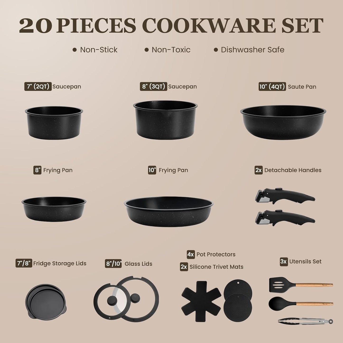 KIKCOIN 20pcs Nonstick Cookware Set with Detachable Handles