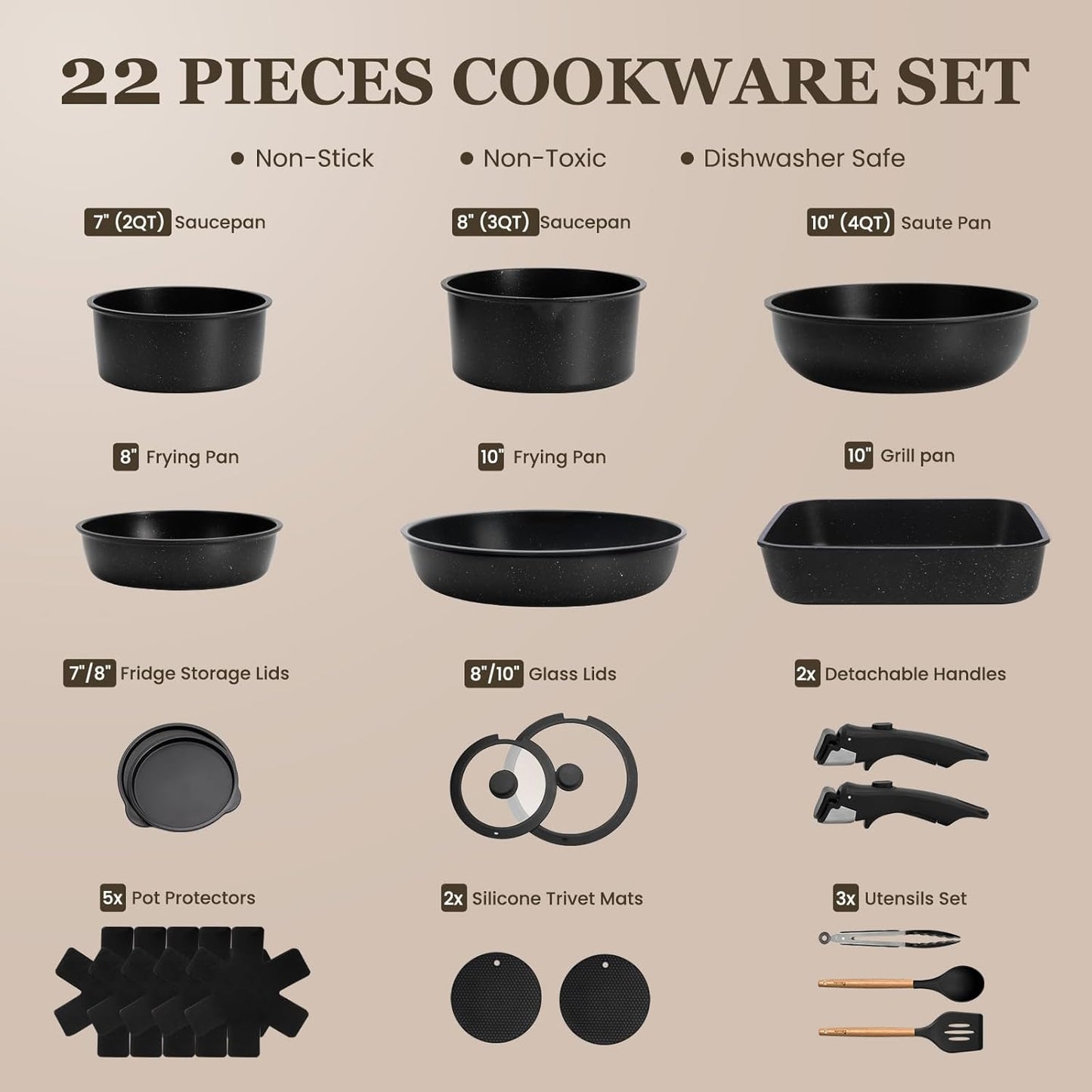 KIKCOIN 20pcs Nonstick Cookware Set with Detachable Handles