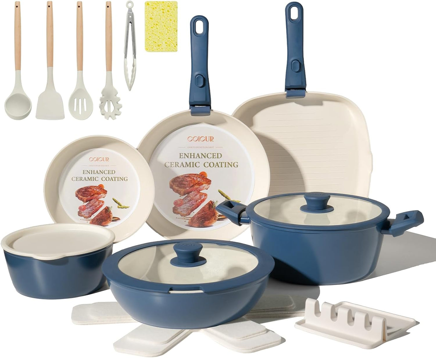 23Pcs Nonstick Ceramic Cookware Set with Detachable Handle