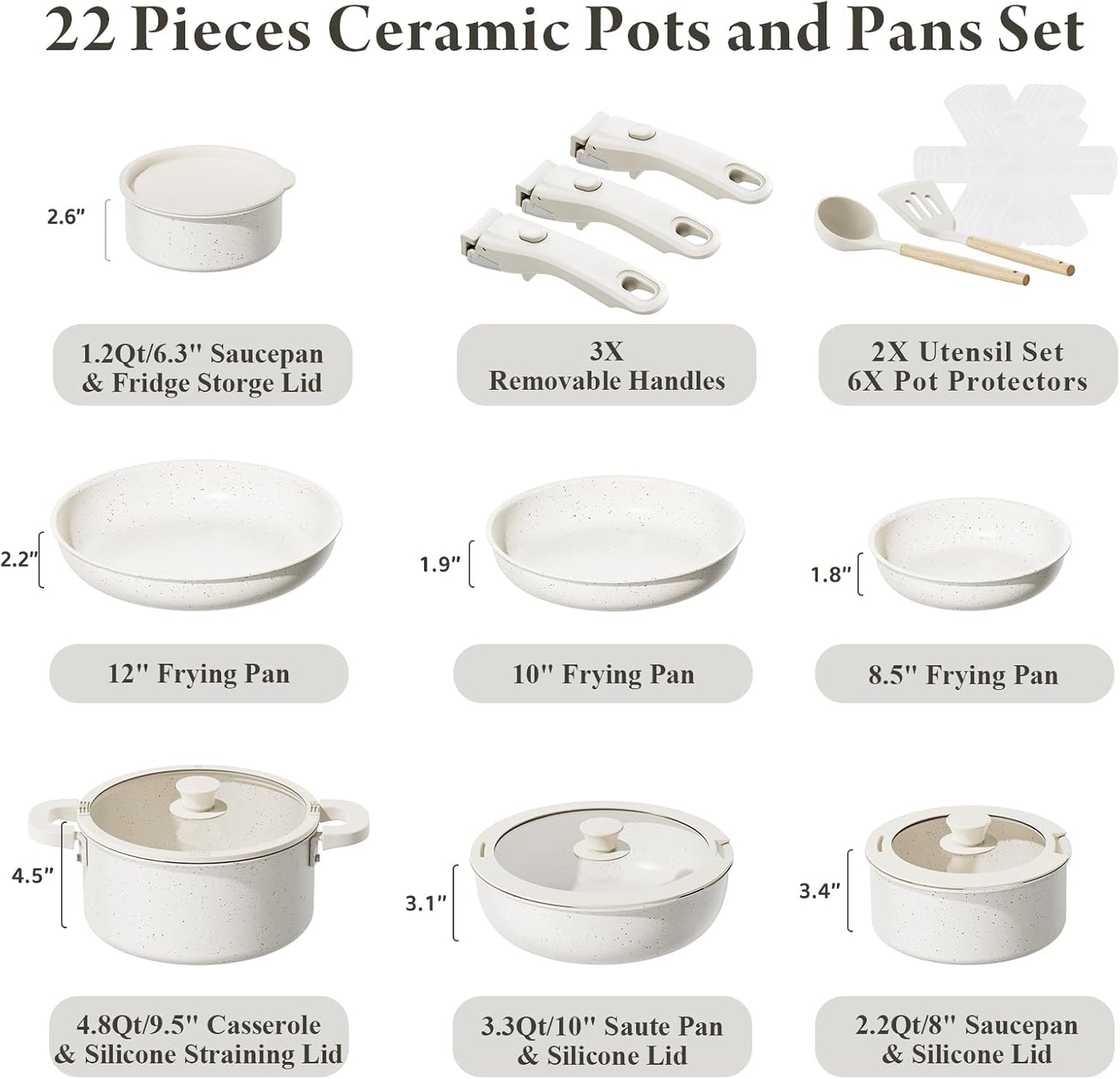 22-Piece Nonstick Ceramic Cookware Set with Removable Handles