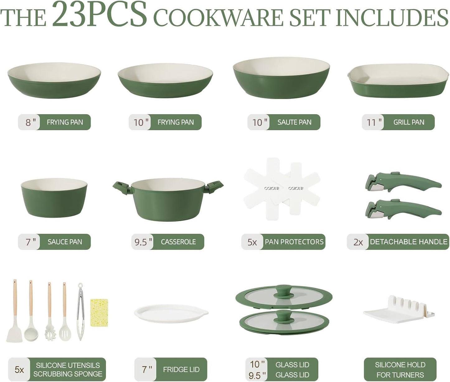 23Pcs Nonstick Ceramic Cookware Set with Detachable Handle
