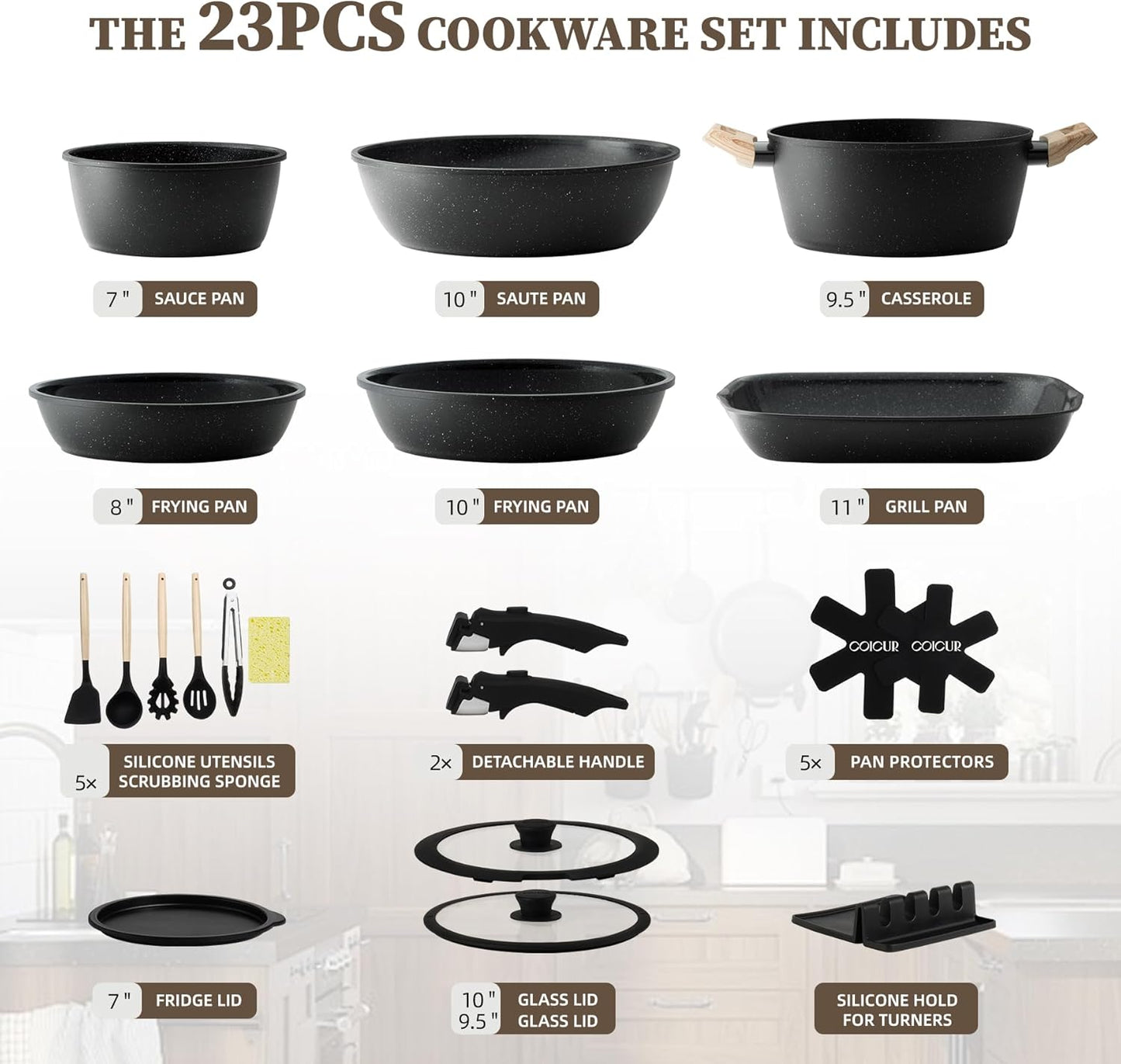23Pcs Nonstick Ceramic Cookware Set with Detachable Handle