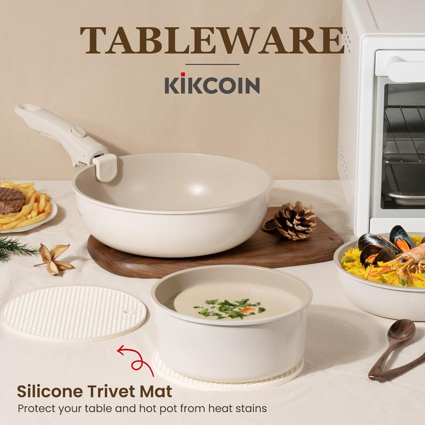 KIKCOIN 20pcs Nonstick Cookware Set with Detachable Handles