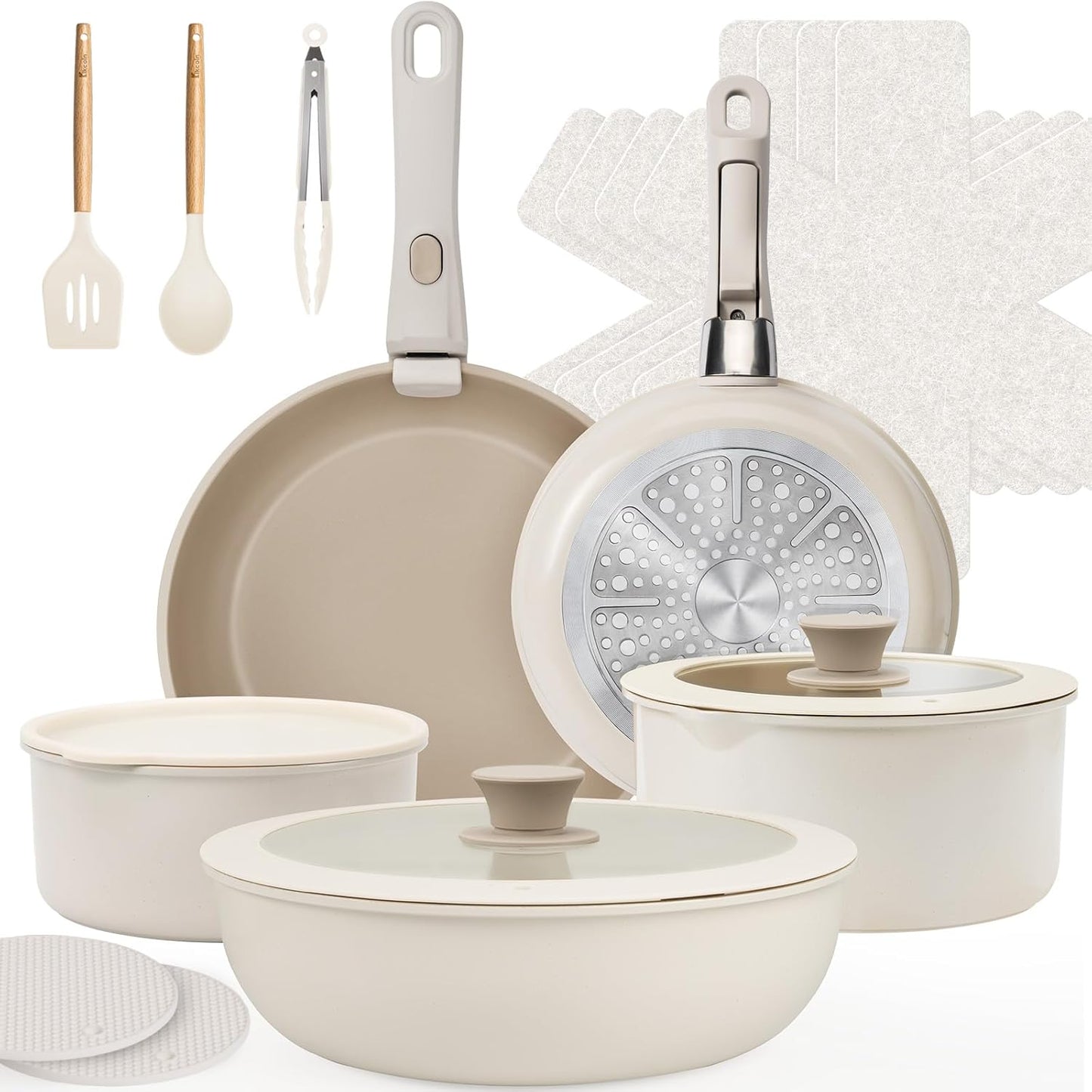 KIKCOIN 20pcs Nonstick Cookware Set with Detachable Handles