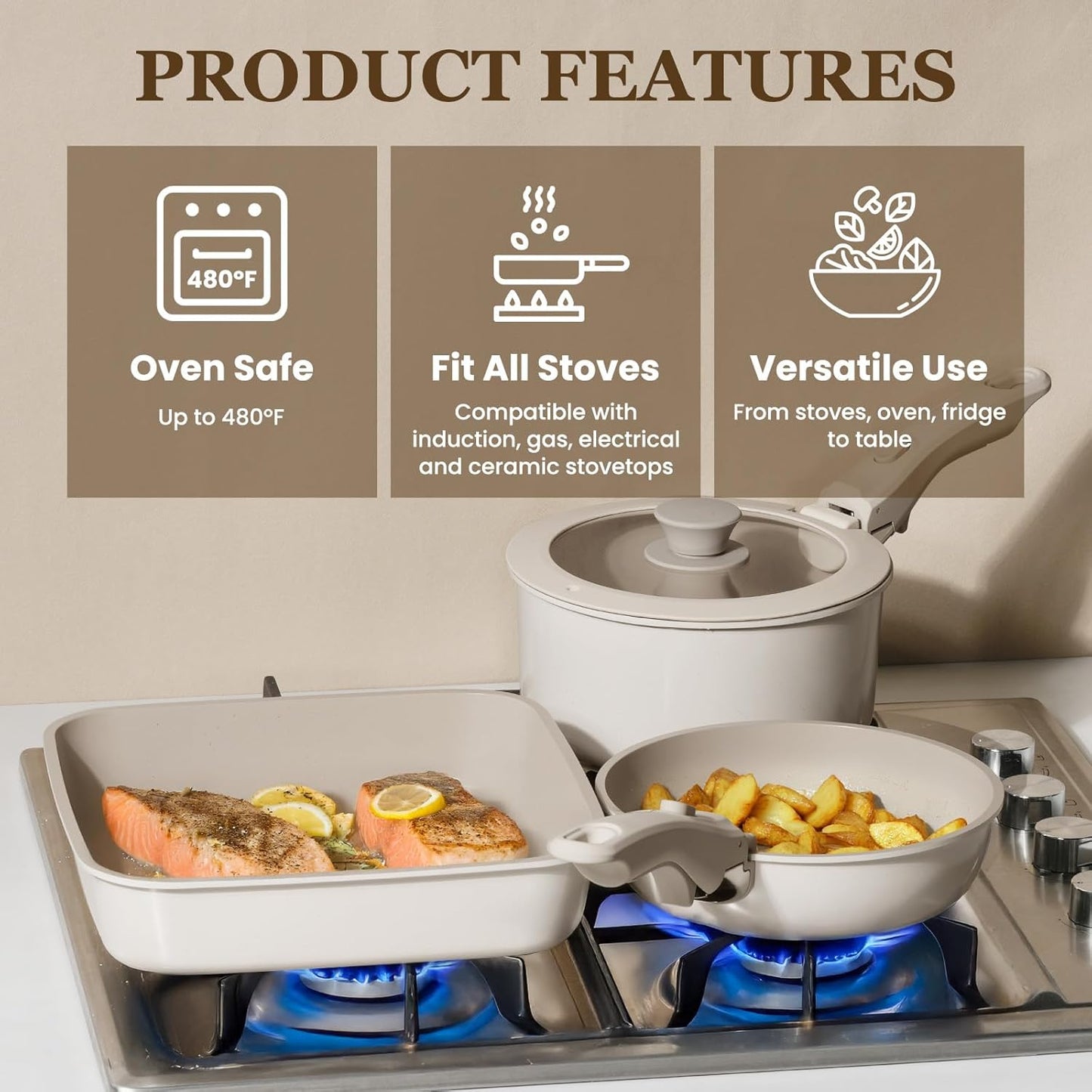 KIKCOIN 20pcs Nonstick Cookware Set with Detachable Handles