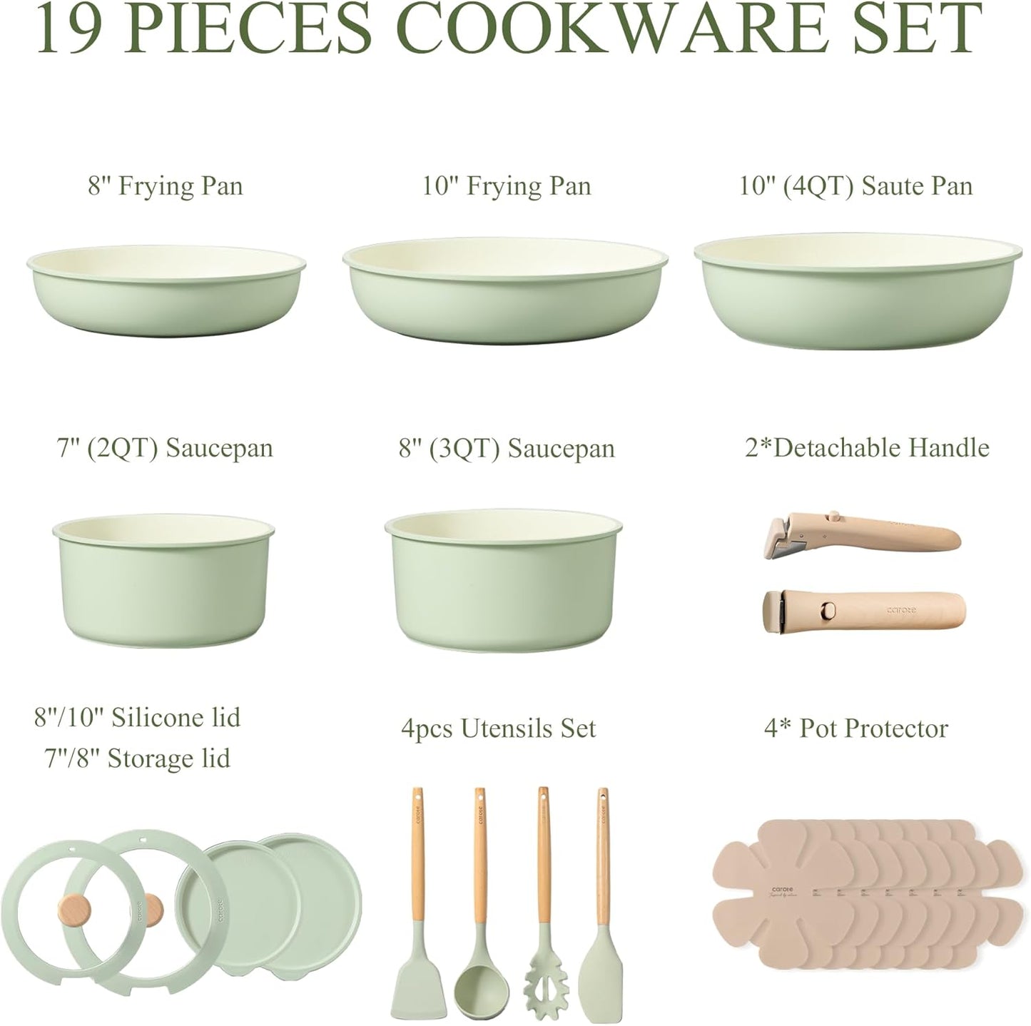 CAROTE 25pcs Nonstick Cookware Set with Detachable Handle