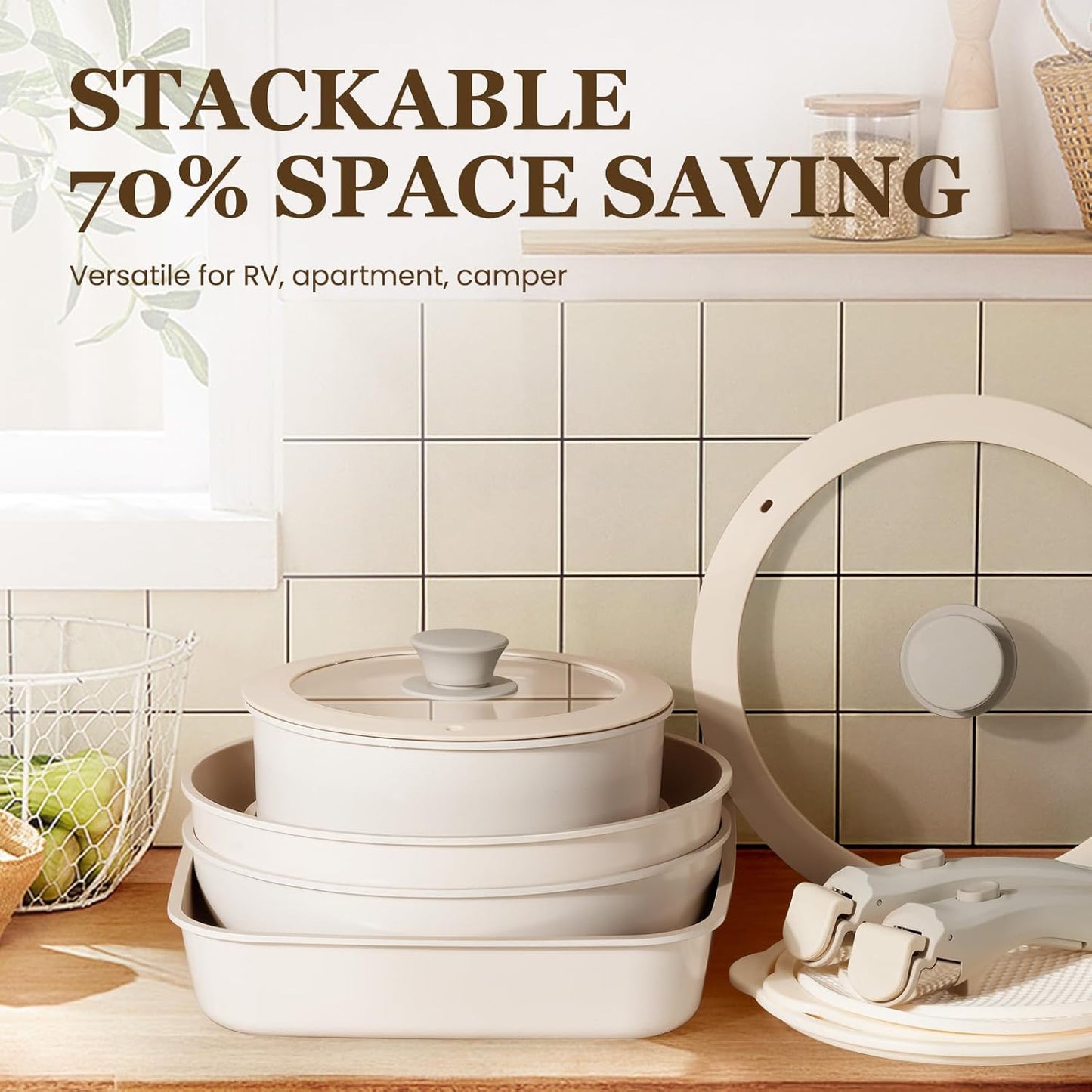 KIKCOIN 20pcs Nonstick Cookware Set with Detachable Handles