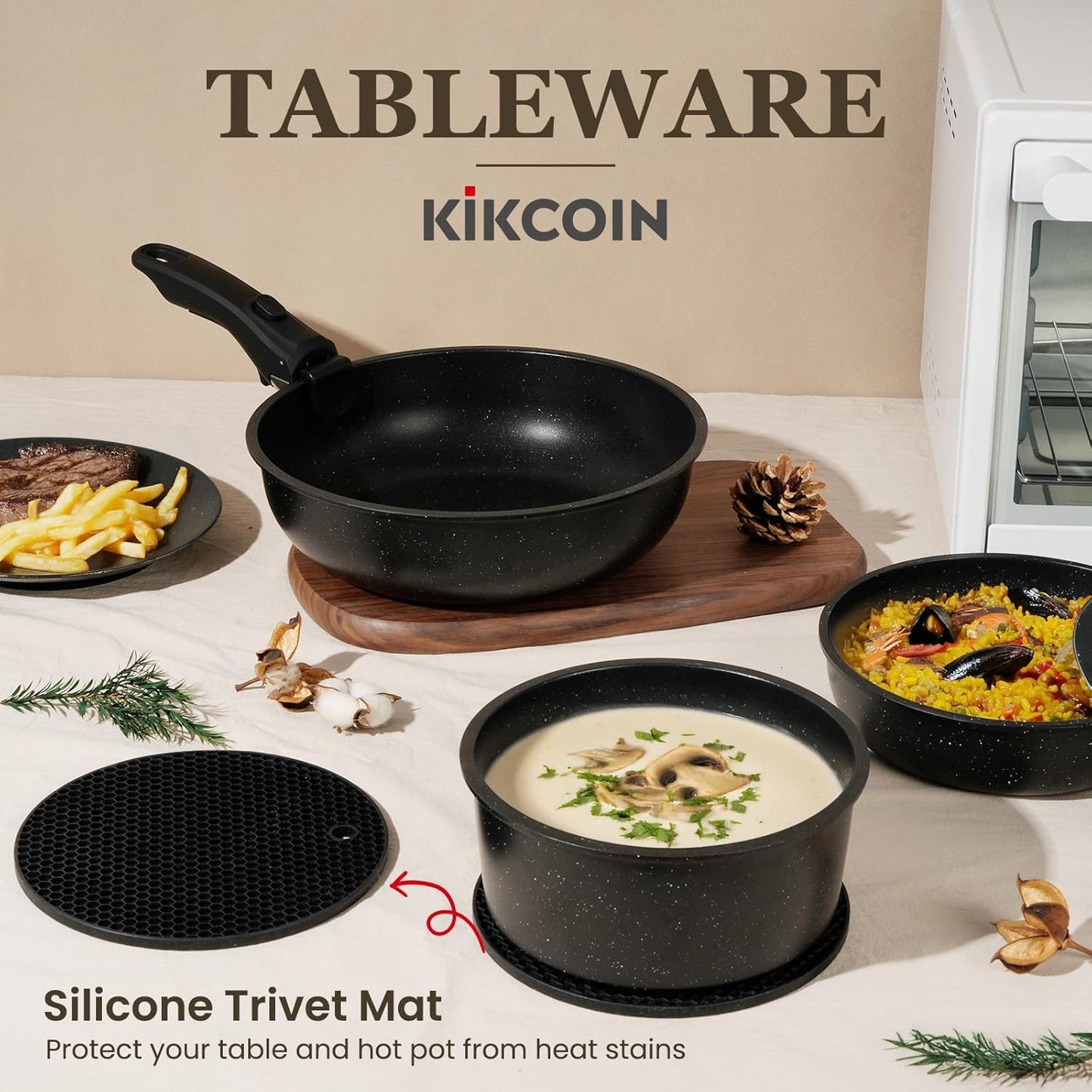 KIKCOIN 20pcs Nonstick Cookware Set with Detachable Handles
