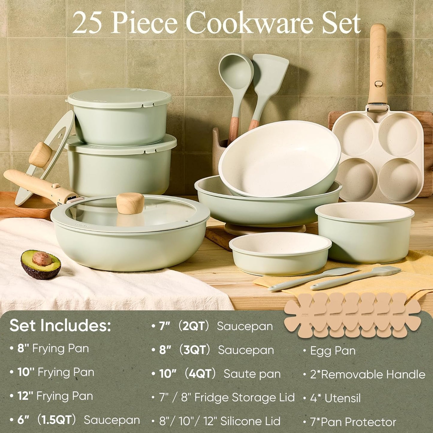 CAROTE 25pcs Nonstick Cookware Set with Detachable Handle